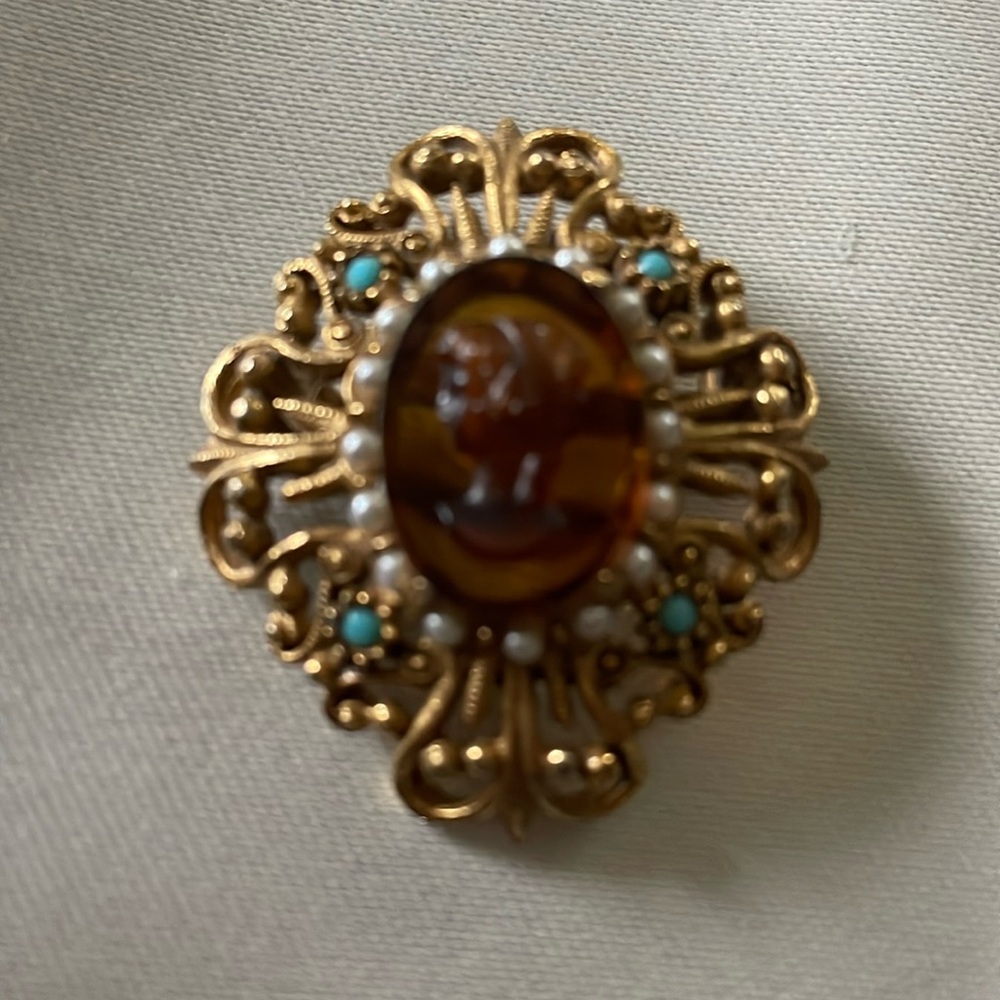 Vintage Faux Tortoise Shell Cameo Brooch
